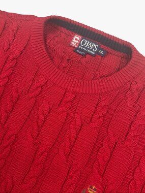 VTG Ralph Lauren Chaps Men's 100% Cotton Fisherman Cable-Knit Sweater Red • 2XL